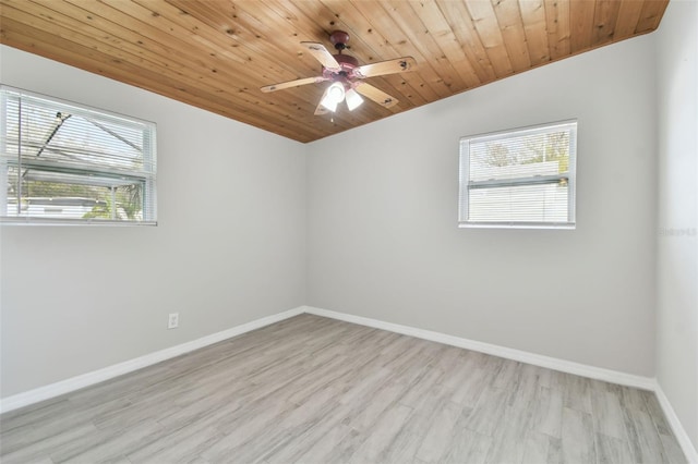 empty room with light wood-style floors, wooden ceiling, ceiling fan, and baseboards