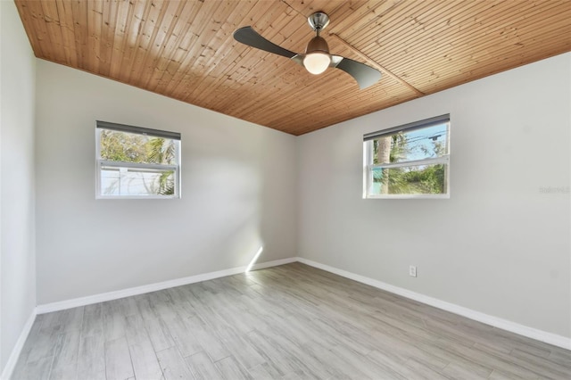 unfurnished room with a healthy amount of sunlight, wooden ceiling, baseboards, and wood finished floors