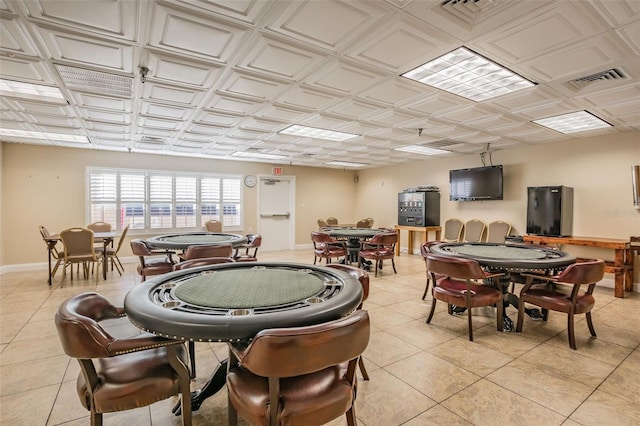 playroom with light tile patterned floors, visible vents, an ornate ceiling, and baseboards