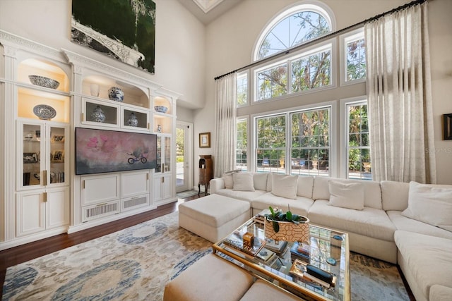 living area featuring a towering ceiling and wood finished floors