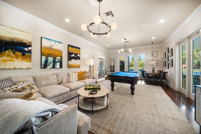 playroom with visible vents, dark wood finished floors, pool table, crown molding, and french doors