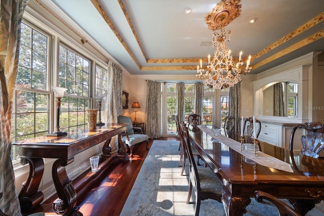 dining space with ornamental molding, wood finished floors, a raised ceiling, and an inviting chandelier