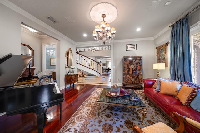 living area with a chandelier, visible vents, ornamental molding, and stairs