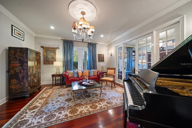 living area featuring french doors, wood finished floors, and crown molding