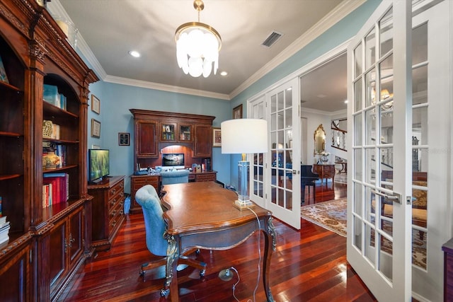 office space with french doors, visible vents, crown molding, and an inviting chandelier