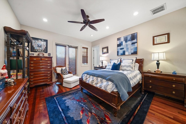 bedroom with recessed lighting, visible vents, ceiling fan, and wood finished floors