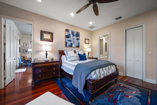 bedroom with baseboards, visible vents, wood finished floors, and recessed lighting