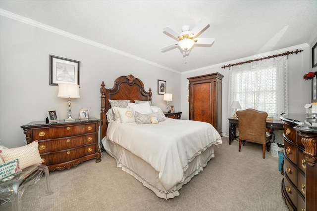 bedroom with a ceiling fan, light colored carpet, and crown molding