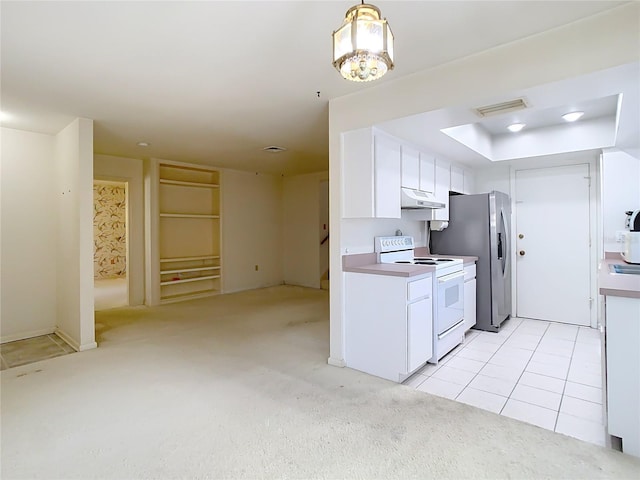 kitchen featuring white range with electric stovetop, visible vents, white cabinets, light colored carpet, and under cabinet range hood