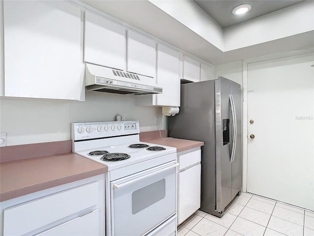 kitchen featuring electric stove, stainless steel refrigerator with ice dispenser, light countertops, white cabinetry, and under cabinet range hood