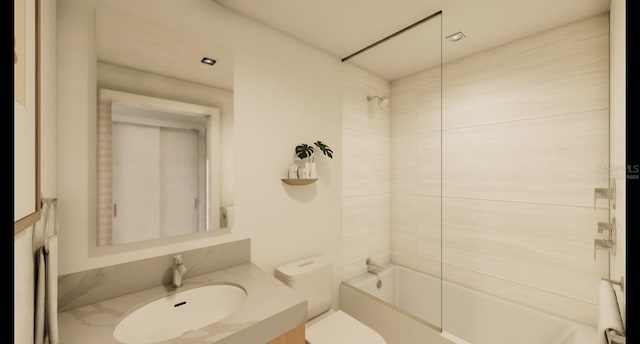 full bathroom with toilet, bathtub / shower combination, and vanity