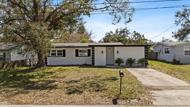 single story home featuring fence, a front lawn, and stucco siding