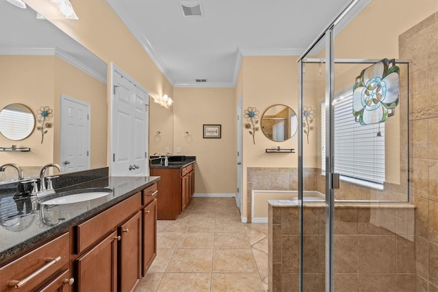 2240 Parrot Fish Dr, Holiday, FL 34691 - bathroom with a sink, visible vents, a shower stall, tile patterned floors, and crown molding