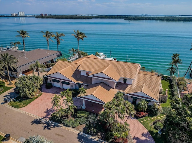 aerial view featuring a water view