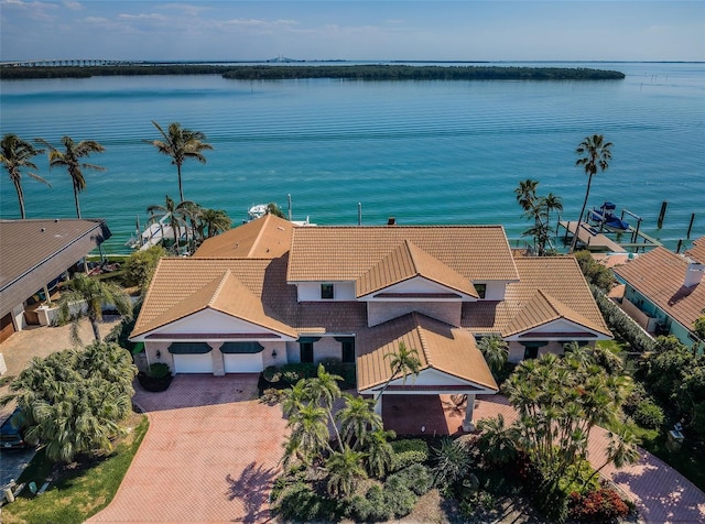 aerial view featuring a water view