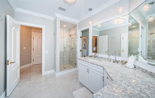 bathroom with a stall shower, baseboards, visible vents, and ornamental molding