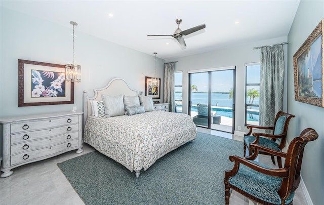 bedroom with access to exterior, recessed lighting, a water view, baseboards, and ceiling fan with notable chandelier