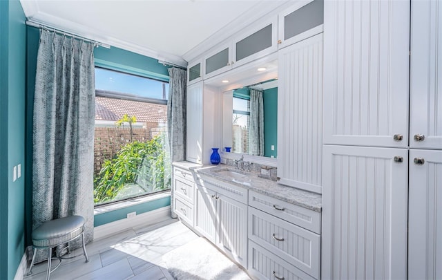 bathroom featuring ornamental molding and vanity