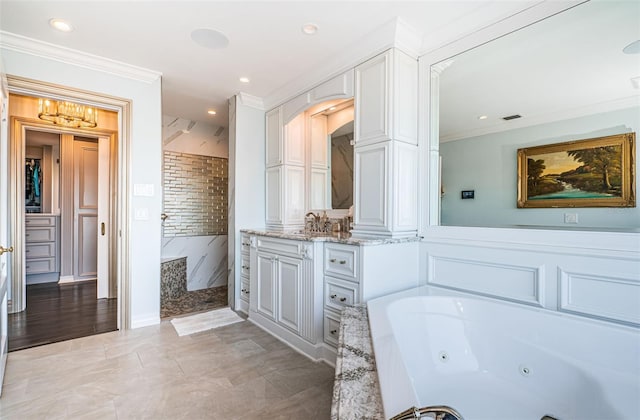 bathroom with visible vents, a tub with jets, ornamental molding, vanity, and a walk in shower