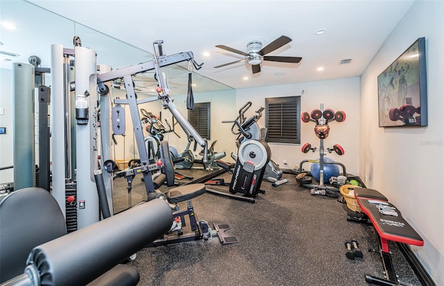 workout area featuring ceiling fan, visible vents, and recessed lighting