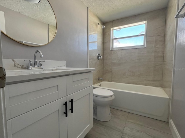 full bathroom with toilet, shower / bath combination, a textured ceiling, and vanity