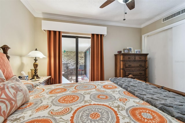 bedroom featuring access to exterior, ceiling fan, visible vents, and crown molding