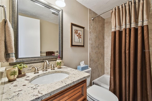 bathroom with a textured wall, shower / bathtub combination with curtain, toilet, a textured ceiling, and vanity