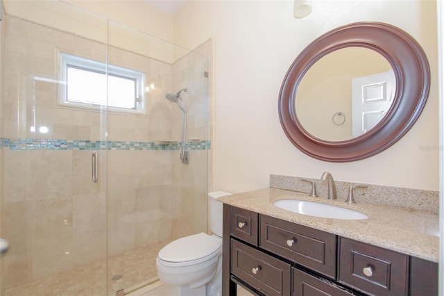 bathroom featuring vanity, a shower stall, and toilet