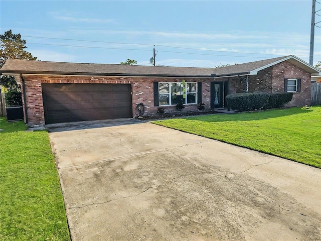 view of front of home with a front lawn, concrete driveway, brick siding, and a garage