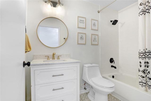 bathroom featuring toilet, vanity, and shower / tub combo