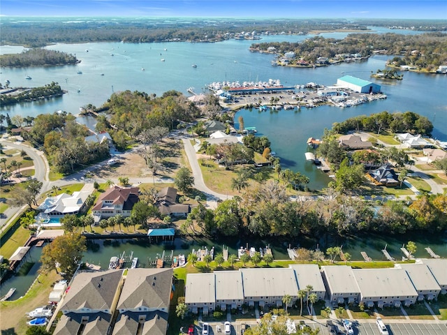 aerial view with a water view and a residential view