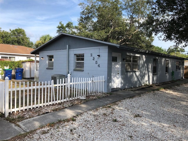 single story home featuring central AC unit and a fenced front yard