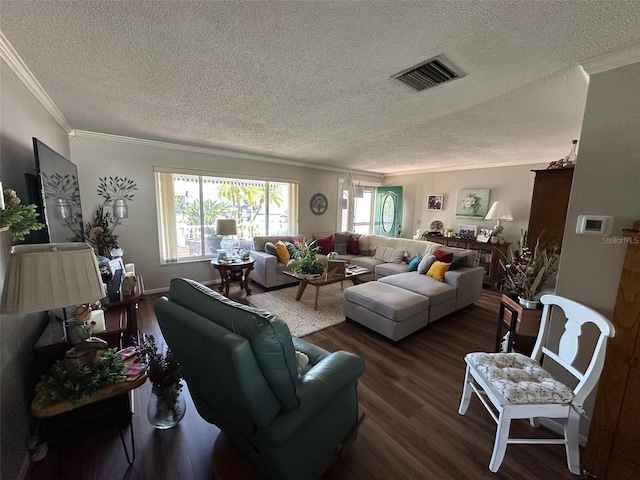 living area with a textured ceiling, dark wood-style flooring, visible vents, and crown molding