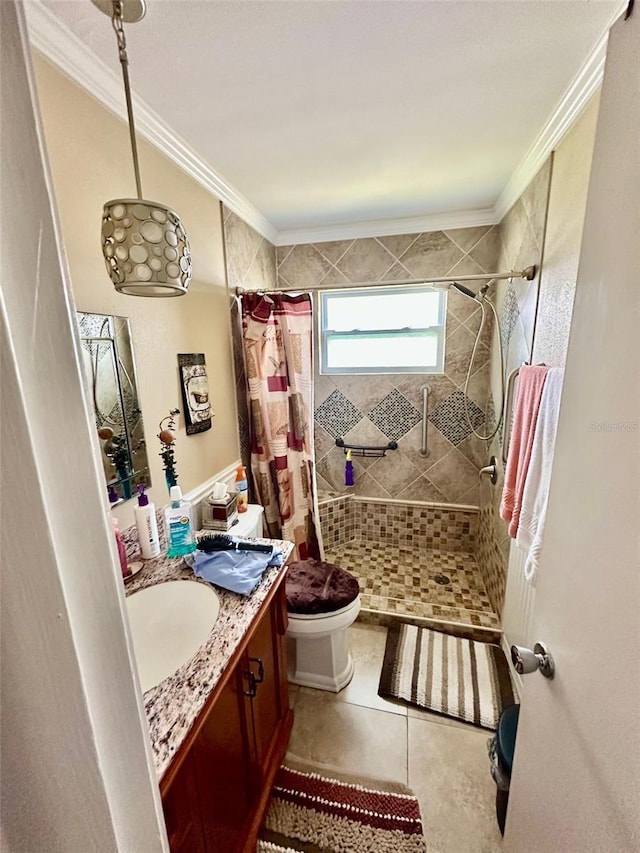 bathroom with toilet, a stall shower, and crown molding