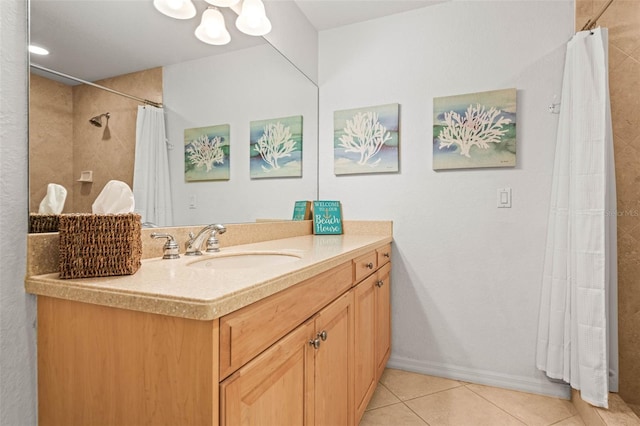 3805 Gulf Blvd Unit 404, St Pete Beach, FL 33706 - full bathroom with vanity, tile patterned floors, a shower with curtain, and a chandelier