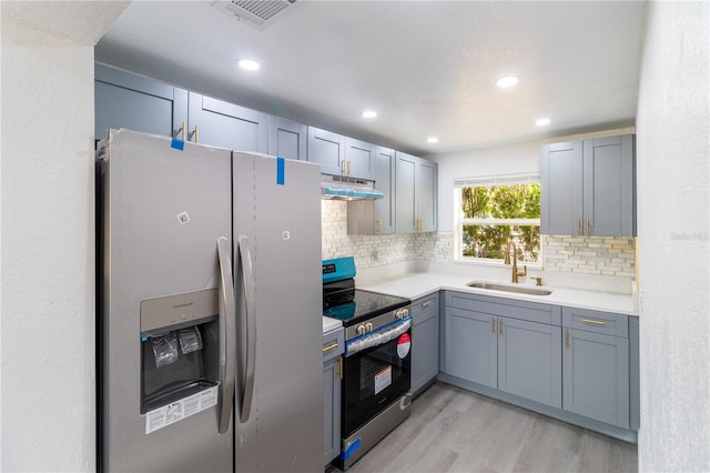 kitchen with under cabinet range hood, a sink, visible vents, appliances with stainless steel finishes, and decorative backsplash