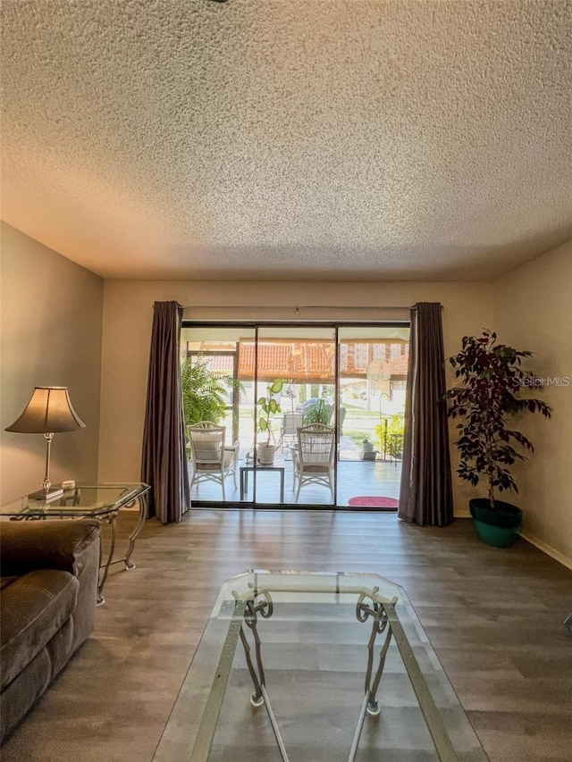 interior space featuring a textured ceiling and wood finished floors