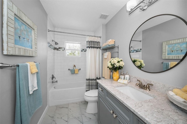 full bath featuring toilet, visible vents, vanity, marble finish floor, and shower / bath combination with curtain