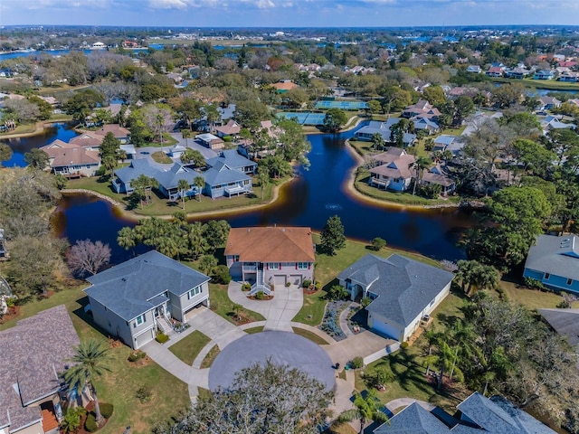 aerial view featuring a water view and a residential view