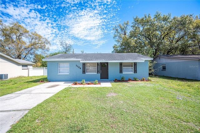 view of front of house with a front lawn, fence, and stucco siding