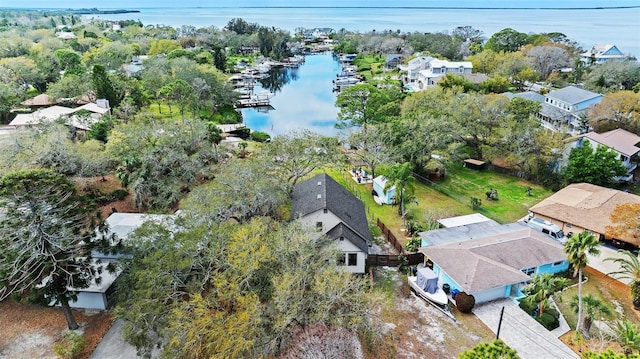 aerial view with a water view and a residential view