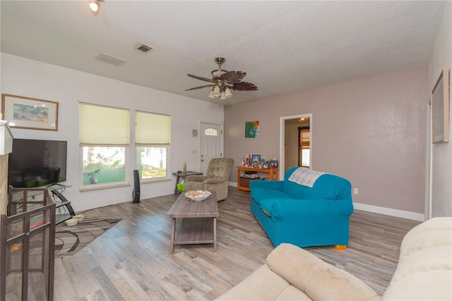 313 Jefferson Ave S, Oldsmar, FL 34677 - living room with a ceiling fan, wood finished floors, visible vents, baseboards, and a textured ceiling