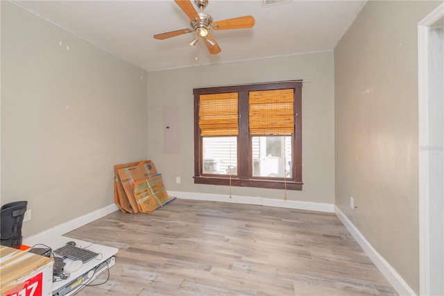 313 Jefferson Ave S, Oldsmar, FL 34677 - empty room with electric panel, baseboards, ceiling fan, and light wood finished floors