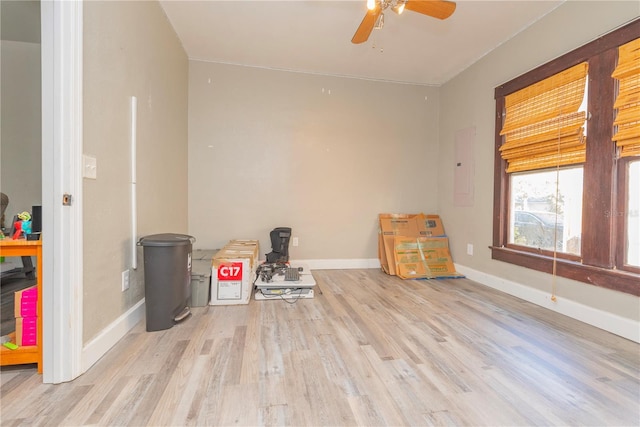 313 Jefferson Ave S, Oldsmar, FL 34677 - miscellaneous room with electric panel, baseboards, wood finished floors, and a ceiling fan