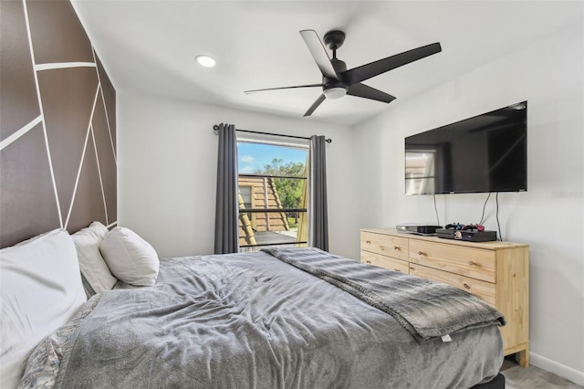 bedroom with ceiling fan, recessed lighting, and baseboards