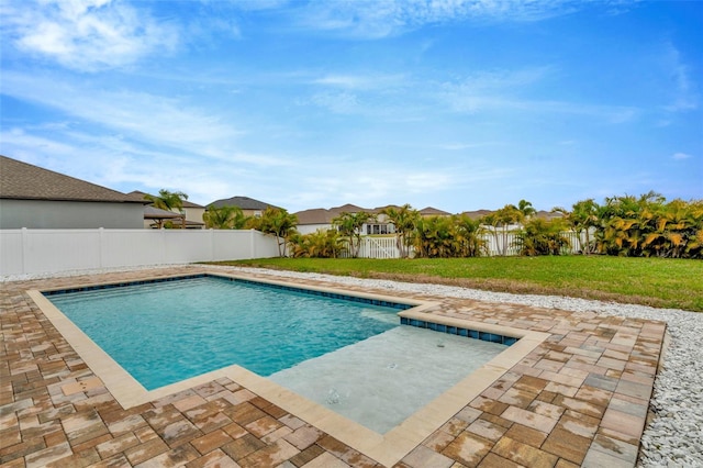 view of pool with a patio area, a fenced backyard, a fenced in pool, and a lawn