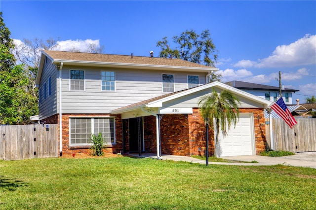 view of front of house featuring a garage, brick siding, a front yard, and fence