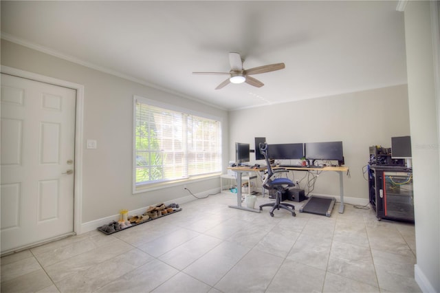 office area with a ceiling fan, baseboards, and crown molding