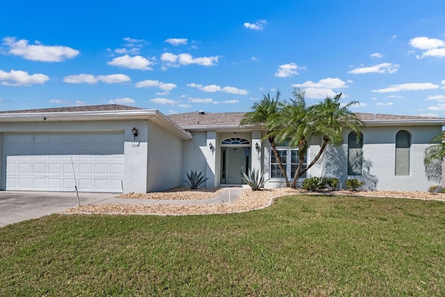 ranch-style home with a garage, a front lawn, concrete driveway, and stucco siding