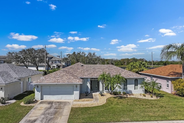 ranch-style home with driveway, a front lawn, an attached garage, and stucco siding